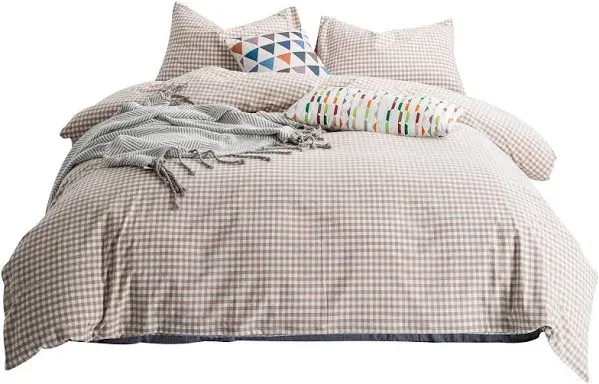 SUSYBAO Tan Gingham Duvet Cover Queen 100% Washed Cotton Beige Plaid Duvet Cover