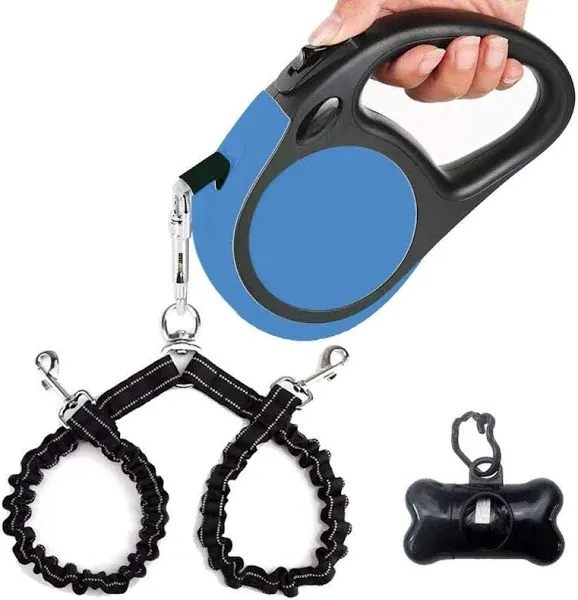 Dual Retractable Dog Leash for Large Dogs (Up to 110 Lbs Each) - Double Headed 16 ft Extendable Pet Leash with Poop Bags, Non Slip Grip - One Button Break & Lock, 360 Tangle-Free (Blue, Large)