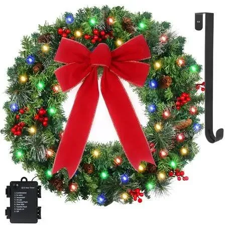 24in Prelit Christmas Wreath Battery Operated 50 Multicolored Lights with Pinecone and Red Berries, Lifelike Snow