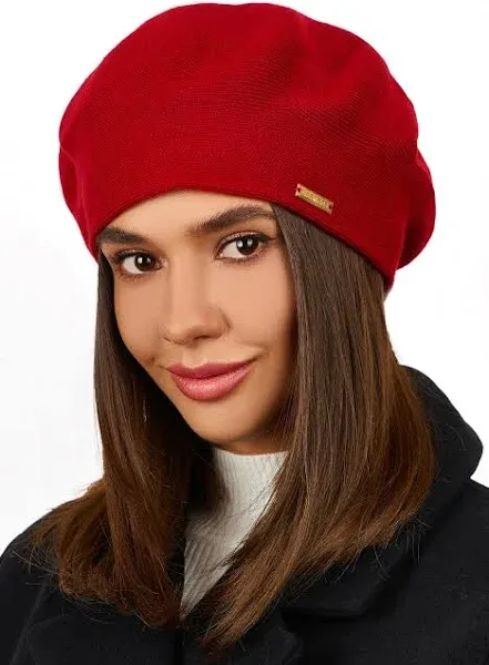 Braxton Wool Beret Hat - Warm Lined Crochet Angora Knit Berets - French Red