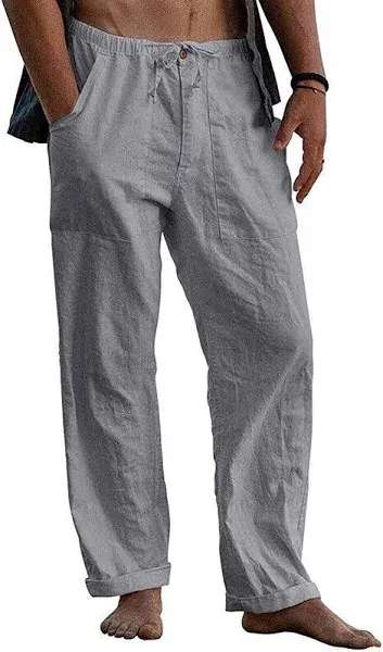 Mens Summer Loose Comfort Casual Pants Solid Cotton Linen Drawstring Trousers,