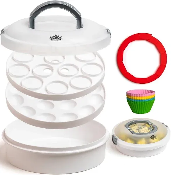 Premium 4 in 1 Cupcake Carrier with Lid - Cupcake, Deviled Egg, Pie & Cake Container - Includes Pie Crust Shield & 12 Silicone Baking Cups