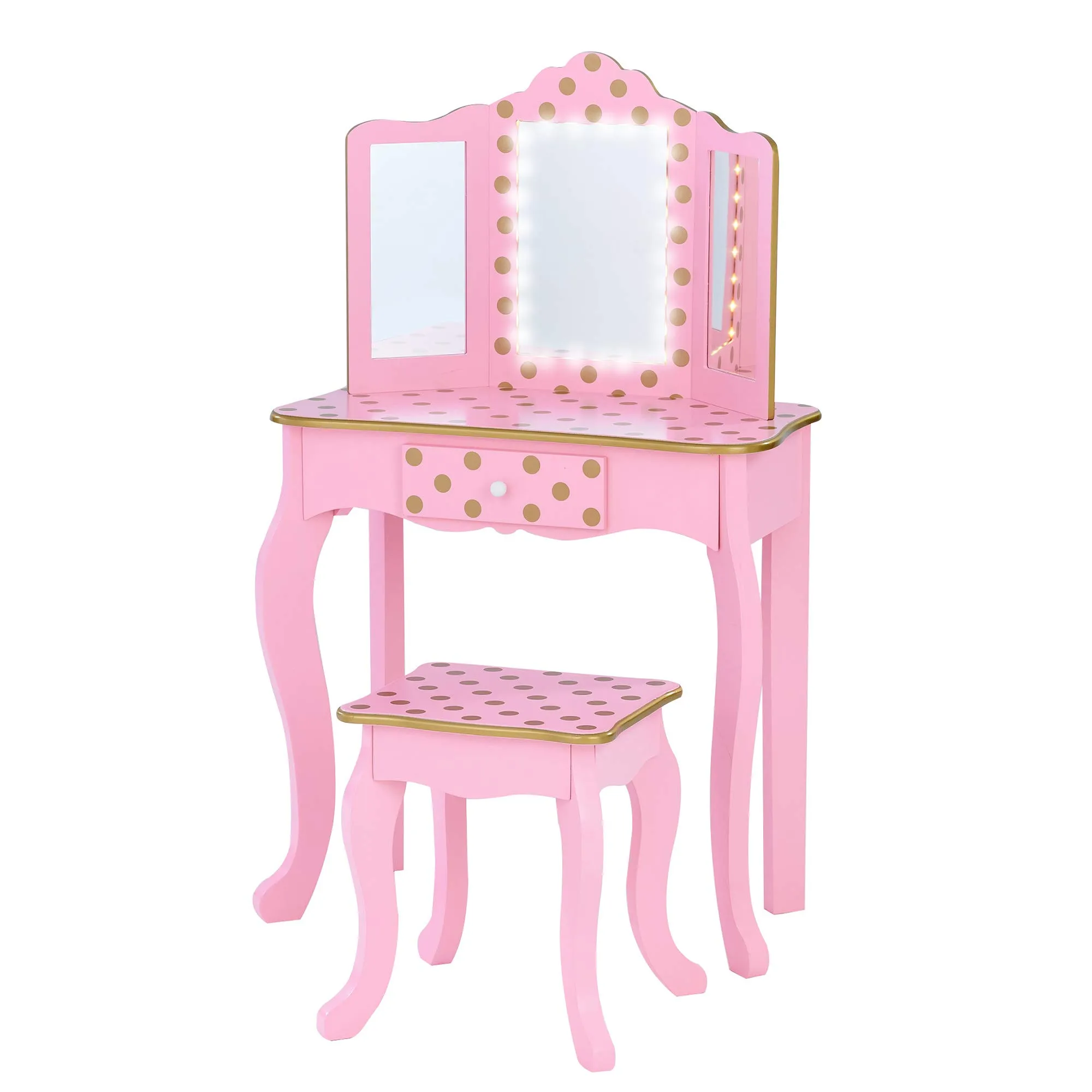 Teamson Kids Fantasy Fields Fashion Polka Dot Prints Gisele Play Vanity Set with LED Mirror Light - Pink/Rose Gold TD-11670LL