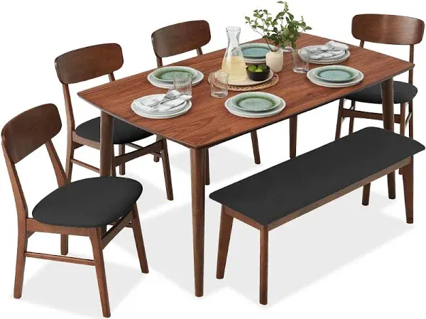 Best Choice Products 6-Piece Mid-Century Modern Upholstered Wooden Dining Set with 4 Chairs and Bench