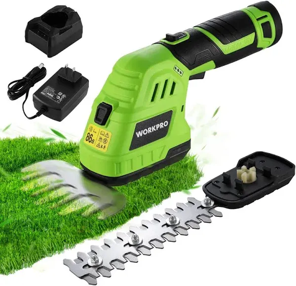 WORKPRO 12V Cordless Grass Shear & Shrubbery Trimmer - 2 in 1 Handheld Hedge Trimmer, Electric Grass Trimmer Hedge Shears/Grass Cutter with 2.0Ah Rechargeable Lithium-Ion Battery &1 Hour Fast Charger