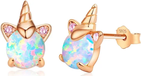 Silver Rose Gold Stud Earrings for Girls Unicorn with opal imitation stone E1550