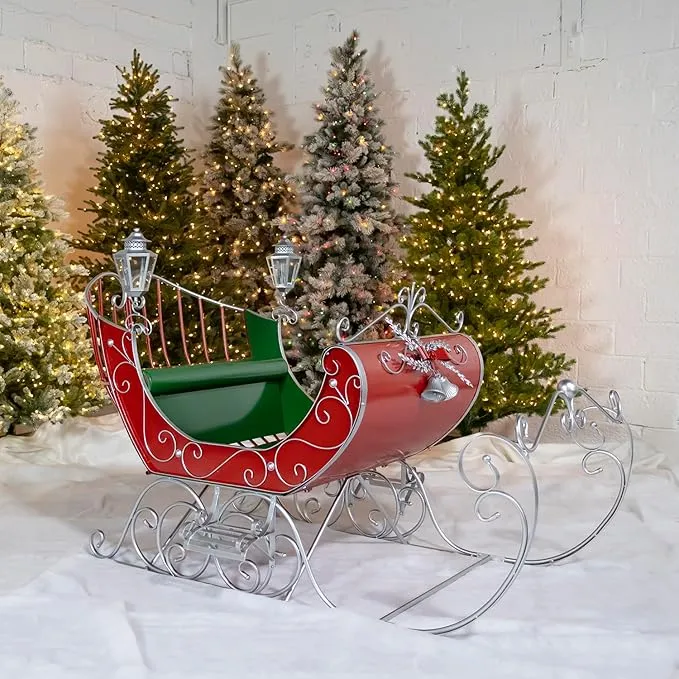 Zaer Ltd. Life-Size Metal Outdoor Victorian Christmas Santa Sleigh, Commercial Christmas Decoration (Red, Green, and Gold)