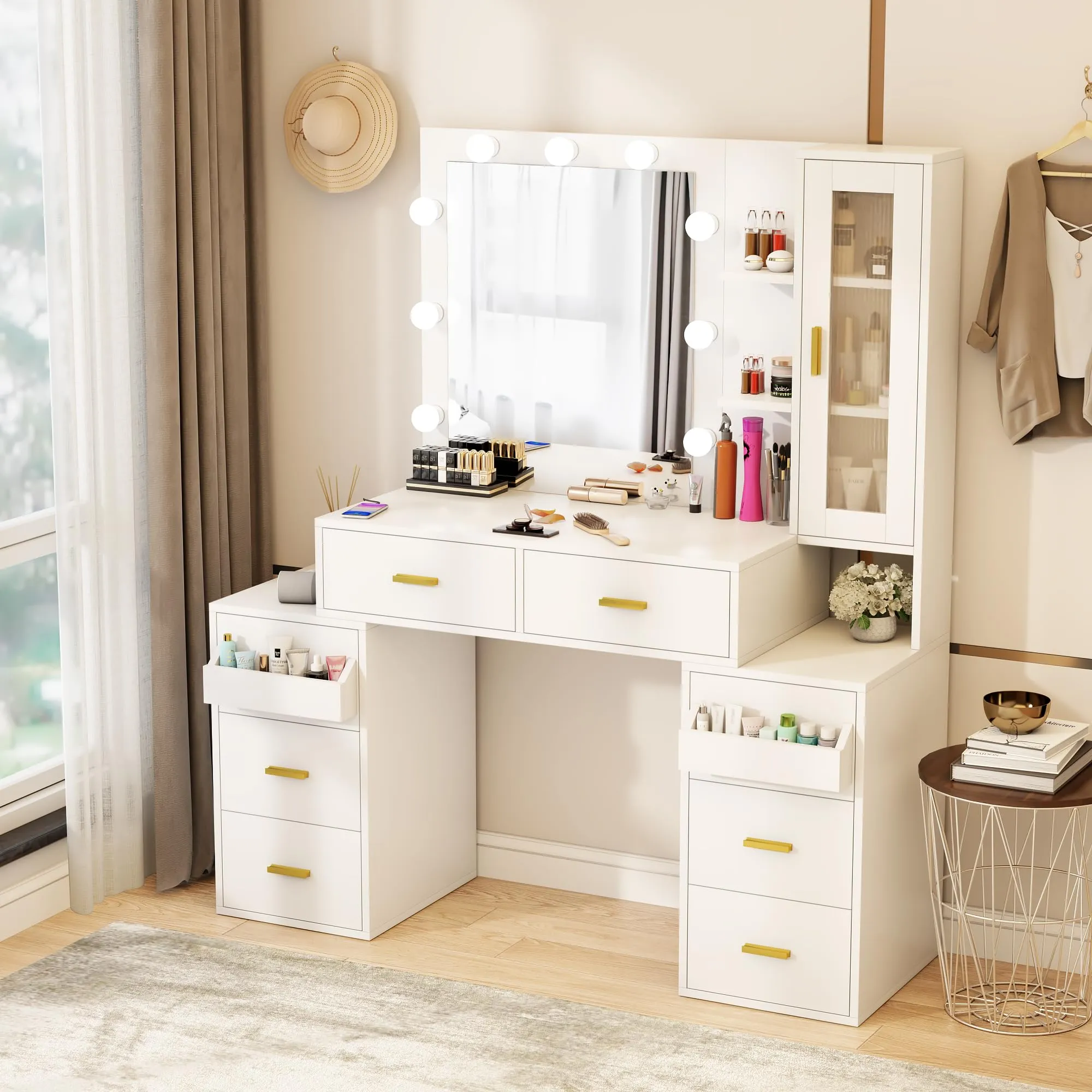 Pakasept Makeup Vanity Desk with Mirror and 3-Color Lights Large Vanity Desk with Charging Station