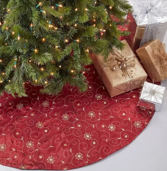 SARO LIFESTYLE XJ712.BU54R Embroidered and Sequined Tree Skirt, Burgundy, 54"