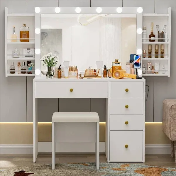 Pakasept Makeup Vanity Desk with Lighted Mirror and Charging Station 39.4" White Vanity Table with 3 Lighting Colors