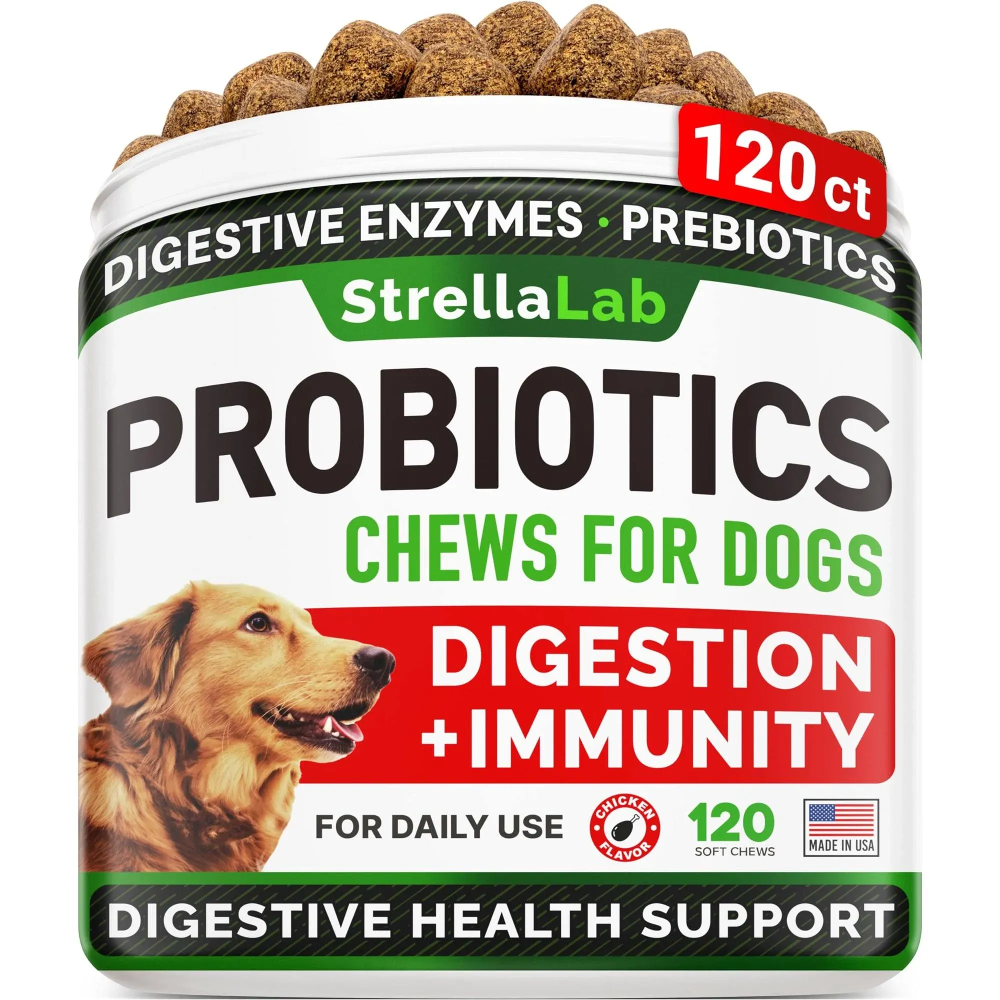 StrellaLab Dog Probiotics Treats for Picky Eaters - Digestive Enzymes + Prebiotics - Chewable Fiber Supplement - Allergy, Diarrhea, Gas, Constipation,