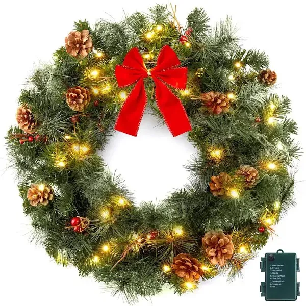 24 inch Pre Lighted Handmade Christmas Wreath