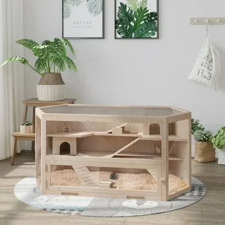 PawHut 3-Tier Large Wooden Hamster Cage with Seesaws, Small Animal Cage and Habitat, Mice, Rat, Gerbil, & Hamster Habitat