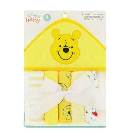 Disney Baby Winnie The Pooh Hooded Towel with 5 Piece Washcloth Set, Honey Collector Print, GS71798, Yellow