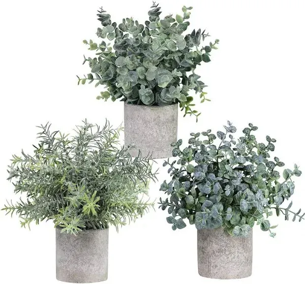 Hot Sale Set of 3 Mini Potted Craft Artificial Eucalyptus Plants Plastic Faux Green Rosemary Plant