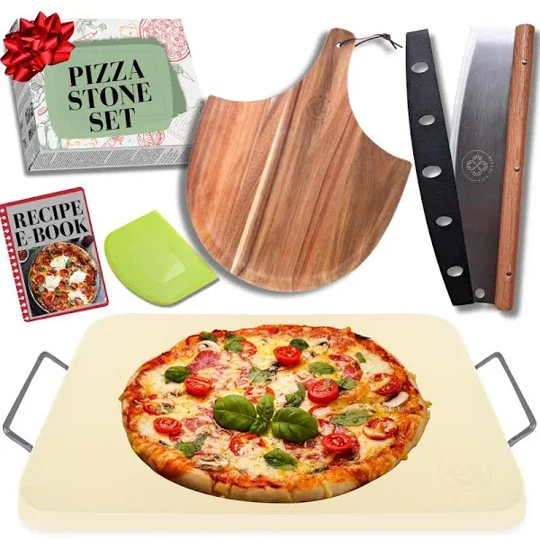 Pizza Stone 5 PCS Set, 15 x 12" Large Rectangle Pizza Stone Set for Oven with Metal Pizza Peels & Cutter Rocker, 0.6'' Thickened Stone Pizza Pan, Grill Pizza Stone for Outdoor Grill for Pizza, Bread