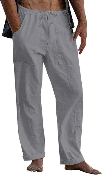 Men&#039;s Summer Loose Comfort Casual Pants Solid Cotton Linen Drawstring Trousers,