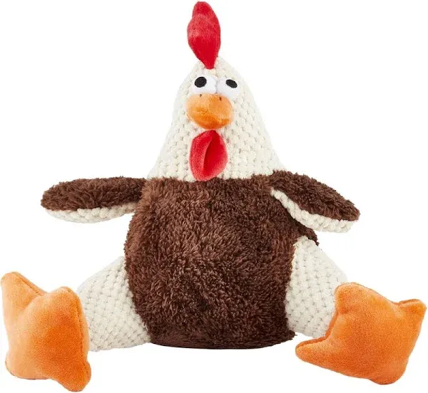 goDog Checkers Fat Rooster Squeaky Plush Dog Toy, Chew Guard Technology - Brown, Large