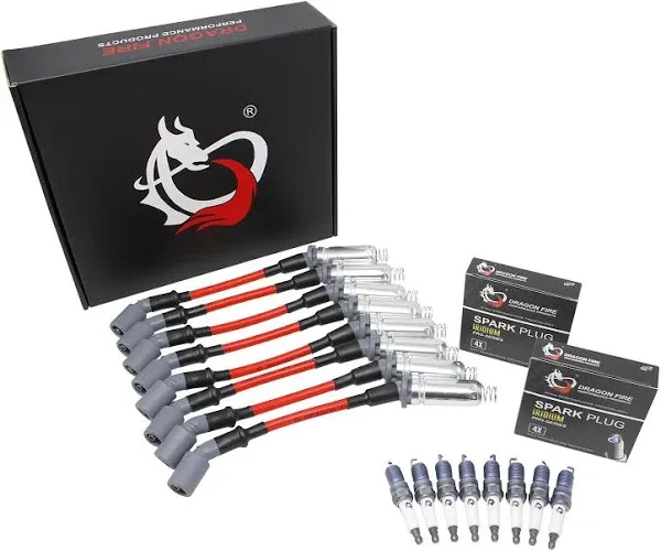 DRAGON FIRE PERFORMANCE Ignition Tune Up Kit 10mm Spark Plug Wire Set & Iridium Spark Plugs Compatible with GM LS LS-Series LSX LS1 LS2 LS3 LS6 LS7 1999-2017 OEM Fit Kit-1213