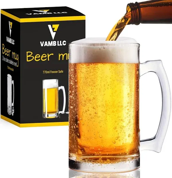 Large Glass Beer Mug for Freezer, 770 ml / 26 oz Mug Beer Glass Stein with Handle, Heavy Glass