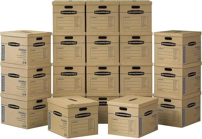 Bankers Box Medium Classic Moving Box 10 Pack, Reinforced Handles, Tape-Free Assembly, Box with Lid, 19-in x 14.5-in x 15.5-in (7717205)