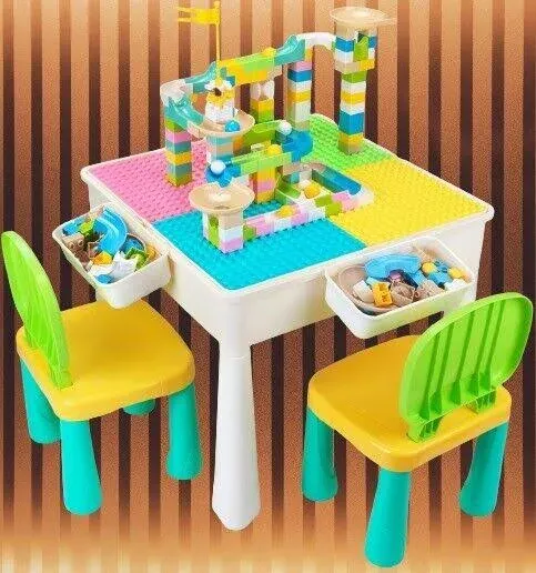 GobiDex All-in-One Kids Table and Chairs Set with 100PCS Preschool Classroom Must Haves Multi Activity Toddler Table Kids Building Blocks Toys for Kids Ages 3+