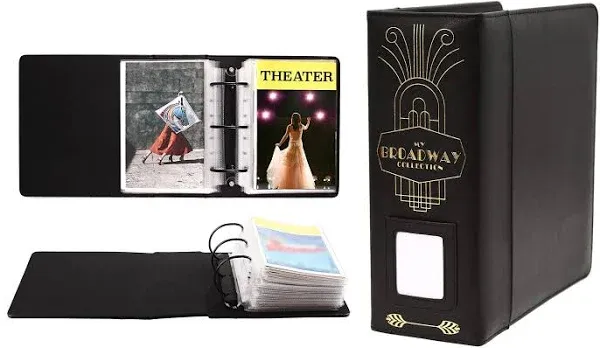 2Fold Binder for Holding Broadway Play Program and Theater Programs with 30 Custom Sheet Protectors - PU Leather - Fits Programs from Mid 1980s to Modern (Black/Gold Foil w/Window)