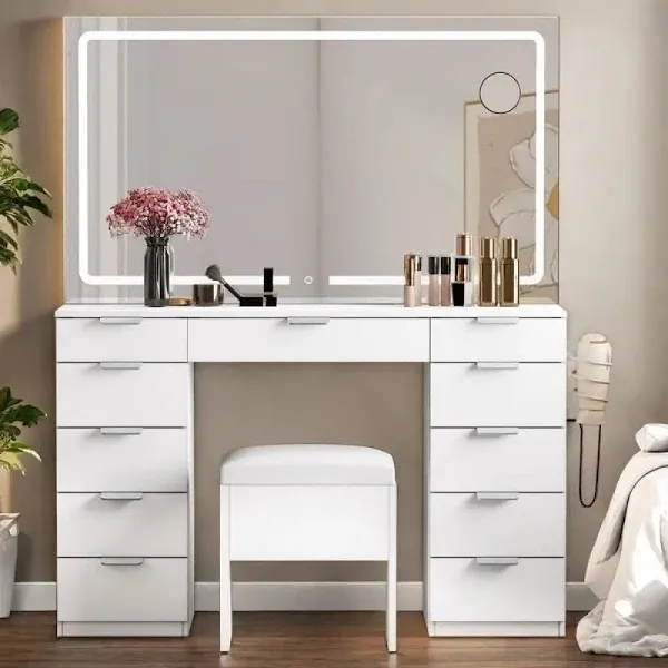 Yitahome Vanity Desk Set with Large LED Lighted Mirror & Power Outlet Vanity with 11 Drawers and Magnifying Glass