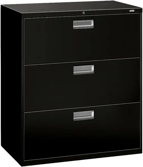 HON 3 Drawer File Cabinet with Lock - 600 Series Lateral Metal Filing Cabinet for Home Office - Locking Office Storage Cabinet with Drawers 36"W x 18"D - Adjustable Hangrails for Files - Black