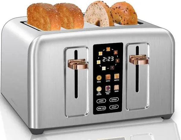 SEEDEEM Toaster 4 Slice, Full Touch control Toaster, LCD Display, 6 Bread Type, 7 Shade Settings, 1.4''Wide Slots，More Time Function, Removable Crumb Tray, 1800W, Silver Metallic