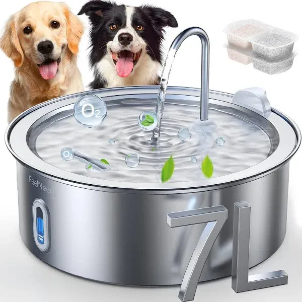 Dog Water Fountain for Large Dogs: 1.8Gal/7L Stainless Steel Pet Drink Dispenser - Automatic Filtered Puppy Metal Bowl - Quiet Animal Watering Machine Indoor - Auto Big Cat&Kitty Waterer Fountains