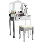 Roundhill Furniture Sanlo Wooden Vanity | Make Up Table and Stool Set | Silver