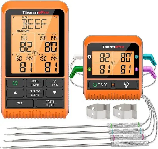 ThermoPro TP829 Wireless LCD Meat Thermometer for Four Probes, Orange 