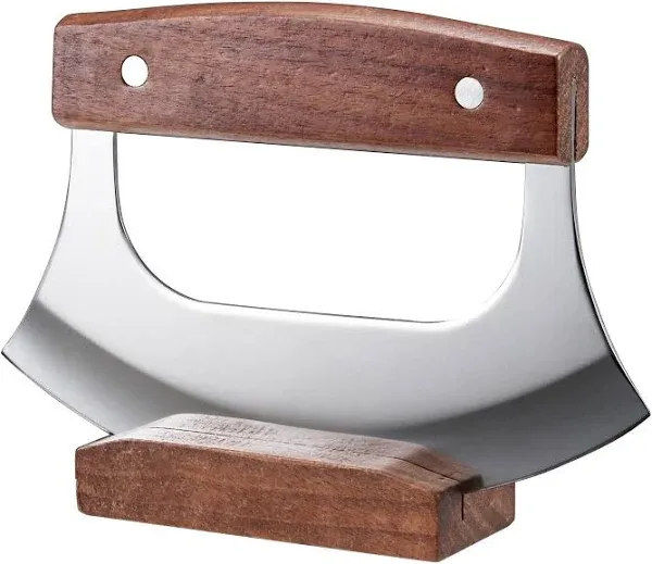 Coowolf Ulu Knife Alaska Pizza Cutter Rocker Knife Mezzaluna Knife with Base, Classic Walnutwood and Sharp Stainless Steel Blades, Ideal for Chopping Herbs or Salads- Essential Kitchen Knives