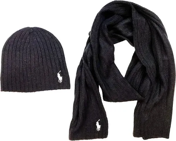 Polo Ralph Lauren Men's 2 Piece Set Hat & Scarf Navy Lambswool Blend