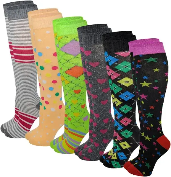 Women Size 9-11 Colorful Assorted Design Knee High Socks (6 pairs)