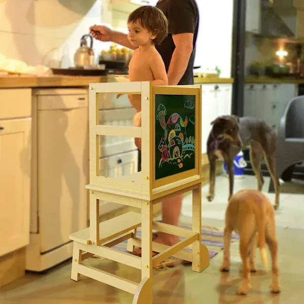 Toddler Kitchen Stool Helper, Step Stool for Kids with Chalkboard Safety Rail...