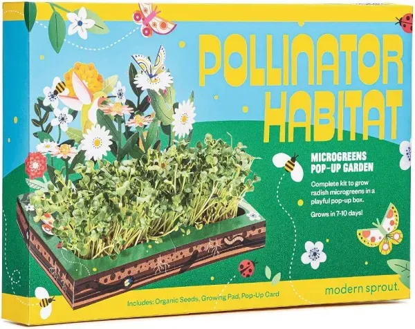 Modern Sprout Interactive Microgreens Garden Kit for Kids, Indoor Seed Activity Kit, for Little Growers, Pollinator Habitat