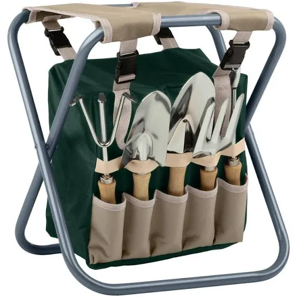 Pure Garden 50-157 , Folding Garden Stool W/Tool Bag &amp; 5 Garden Tools