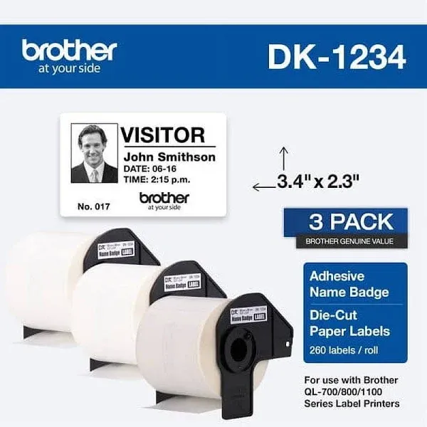 Brother DK-1234 Adhesive Name Badge Paper Labels 3-4/10" x 2-3/10" Black on