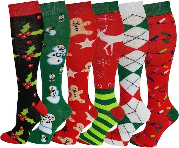 6 Pairs Women&#039;s Fancy Design Multi Colorful Patterned Knee High SocksChristma.<wbr/>..