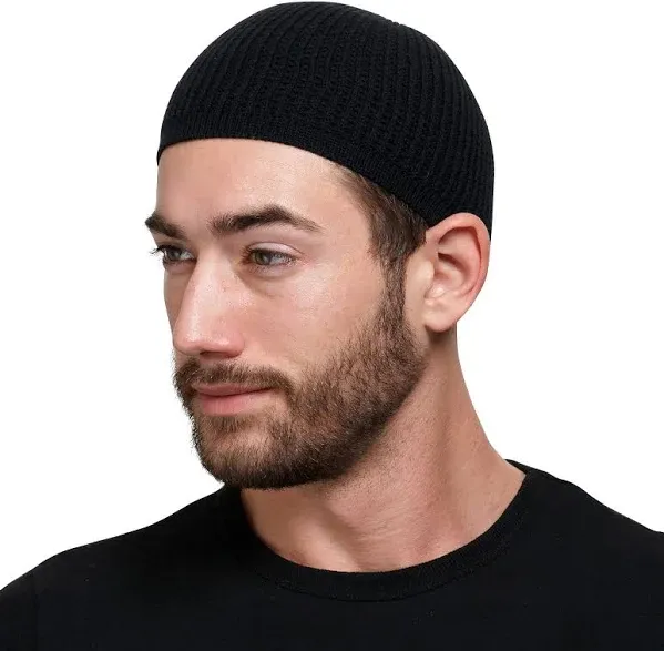 Solid Colored Elastic Skull Cap Kufi Hats with Ribbed Checkered Knit