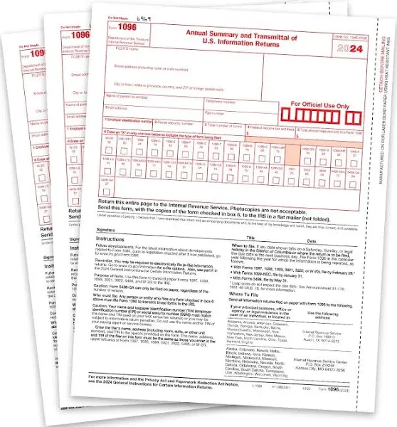 1096 Transmittal 2024 Tax Forms, 25 Pack of 1096 Summary Laser Forms, Compatible with QuickBooks and Accounting Software