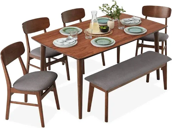 Best Choice Products 6-Piece Mid-Century Modern Upholstered Wooden Dining Set with 4 Chairs and Bench