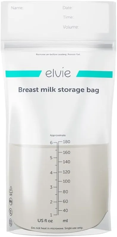 Elvie Breastmilk Storage Bags Store, Freeze and Warm Breast Milk, at Home or On The Go l 200 x 6 oz Leak-Proof Breast Milk Storage Bags l Hygienic Double-Seal Zipper