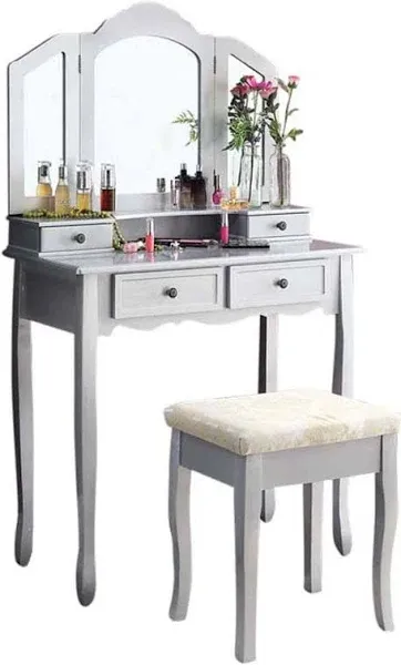 Roundhill Furniture Sanlo Wooden Vanity | Make Up Table and Stool Set | Silver