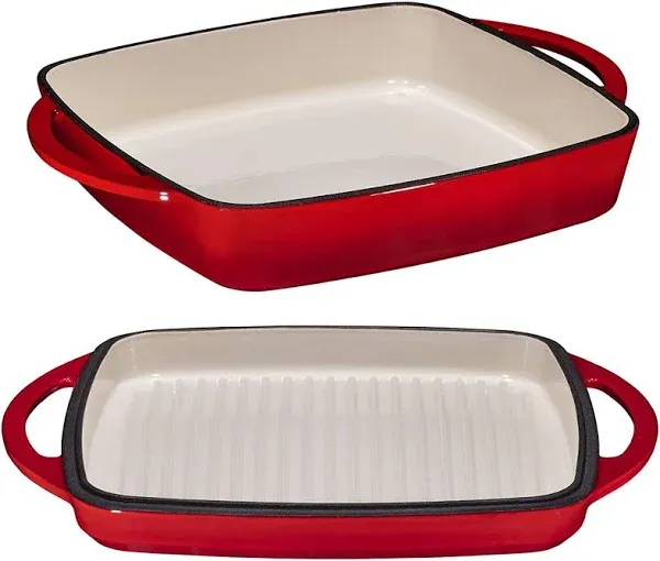 2-in-1 Enameled Cast Iron Dutch Oven Baking Pan with Griddle Lid and Dual Han...