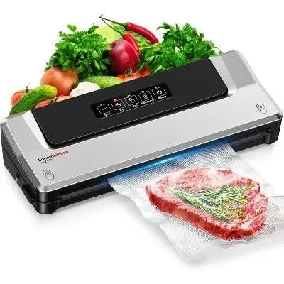 [Updated 2025] Bonsenkitchen Vacuum Sealer Machine + 5 Vacuum Bags, Fast-Compact/Multi-Functional Food Vacuum Sealer with External Vacuum System, Silver