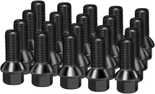 dynofit 14x1.5 28mm Shank Oem Lug Bolts 20pcs Solid Black Ball Seat 48mm Tall Stock/Factory Lug Studs For A1 A2 A3 A4 A5 A6 A7 A8 S1 S2 S3 S4 S5 S6