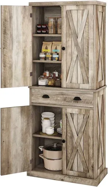 YITAHOME 72'' Farmhouse Kitchen Pantry, Wood Kitchen Storage Cabinets with Drawer and Adjustable Shelves, Kitchen Versatile Storage for Kitchen, Dining Room, Living Room, Dark Rustic Oak